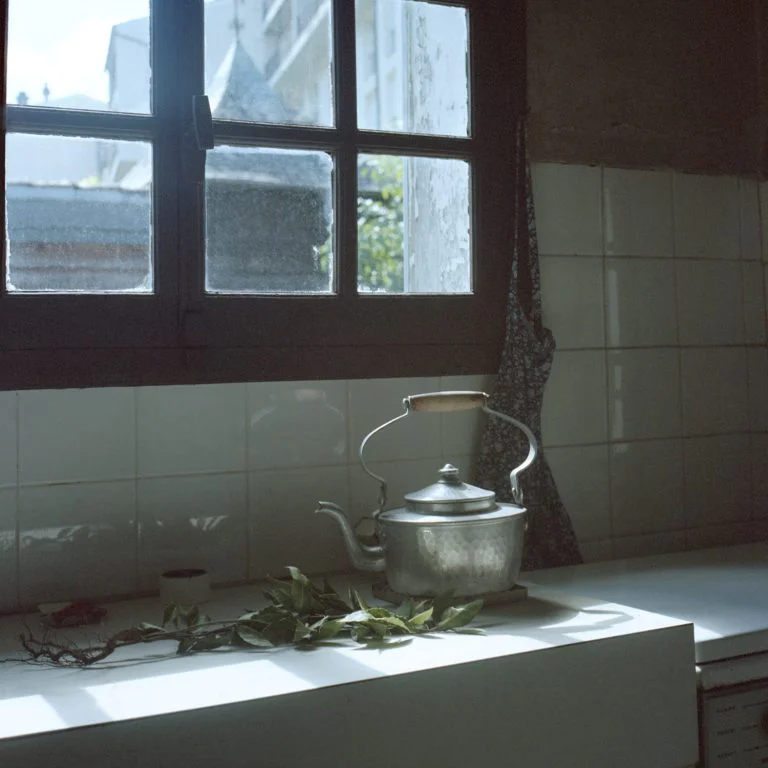 Photographie d'une bouilloire sous la fenêtre de la cuisine, au 3ème étage.