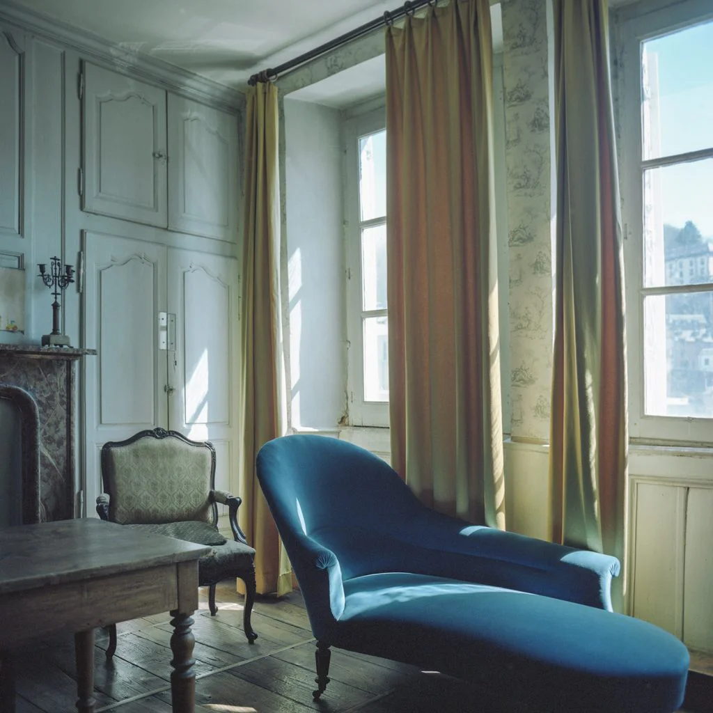 Photographie de la méridienne bleue dans la chambre des parents.